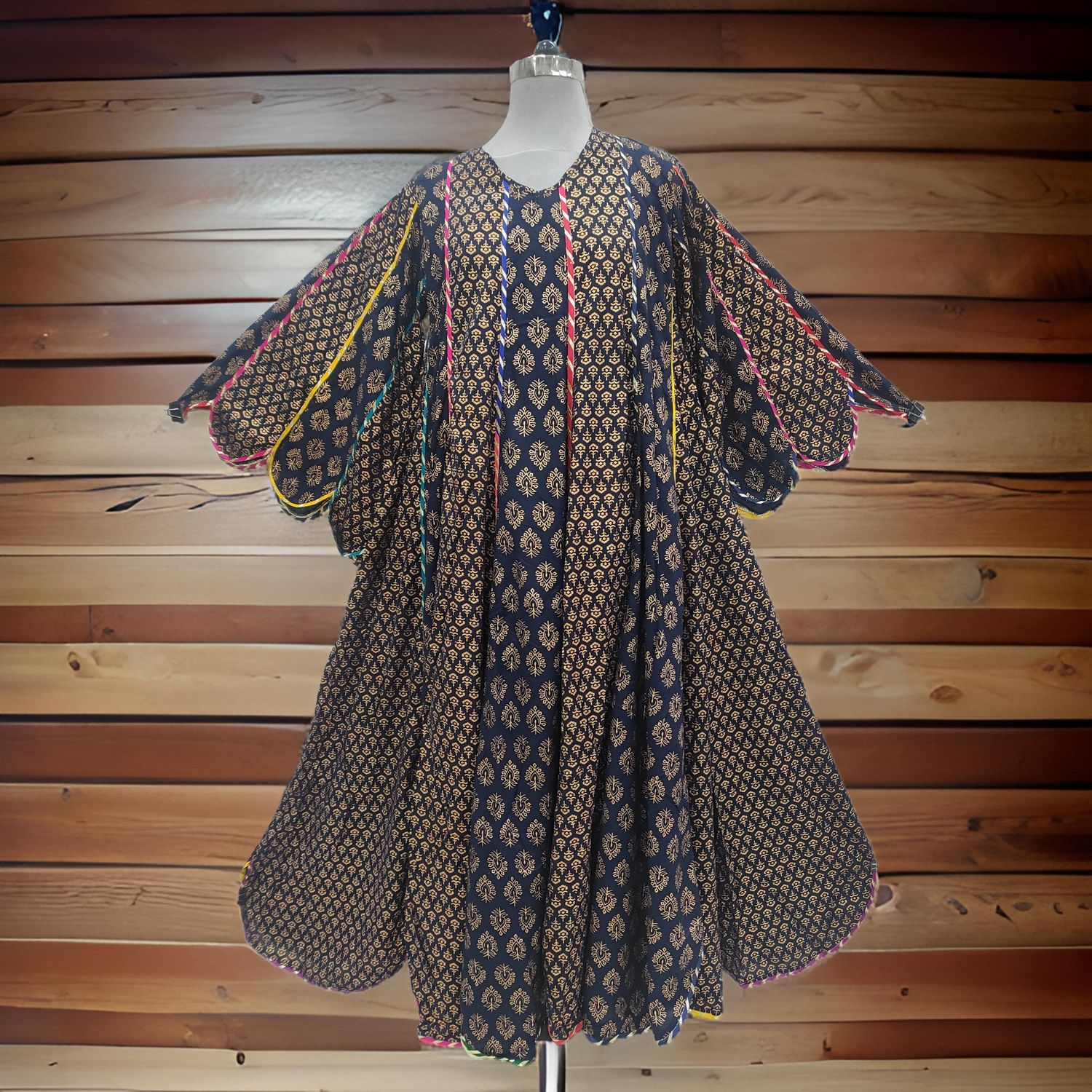 S/M Meher Black Gold Printed Cotton Dress 57" Long Jalabiya