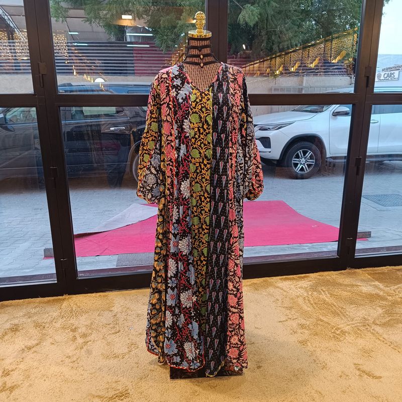 L/XL Meher Crystal Multi Printed Cotton Dress 56" Long Jalabiya