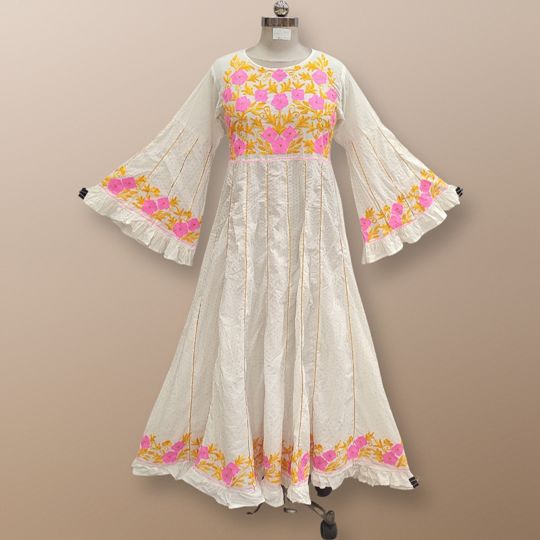 L/XL Yaqu Crystal Embroidery White Cotton Dress 57" Long Jalabiya