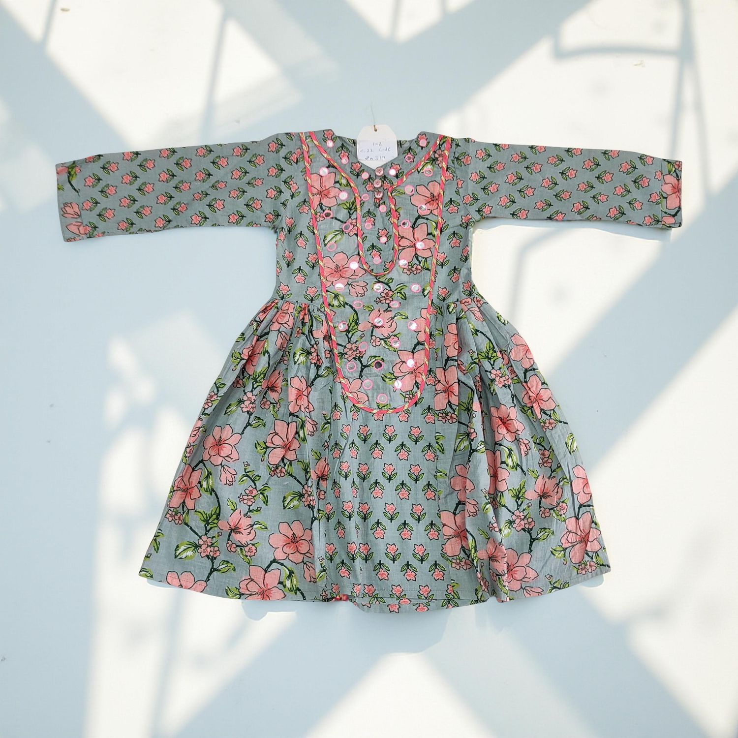 1-2 Year Suf Blue Printed Cotton Girls Dress 26'' Long Jalabiya