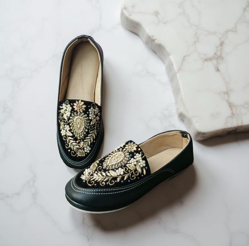 Black– Handcrafted Indian Style Embroidered Loafers Size -38