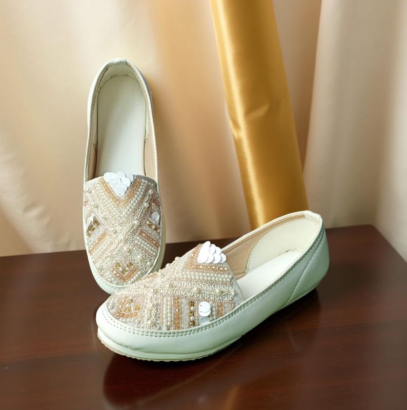 White Fancy Hand Embroidered Indian Style Loafers Size - 37