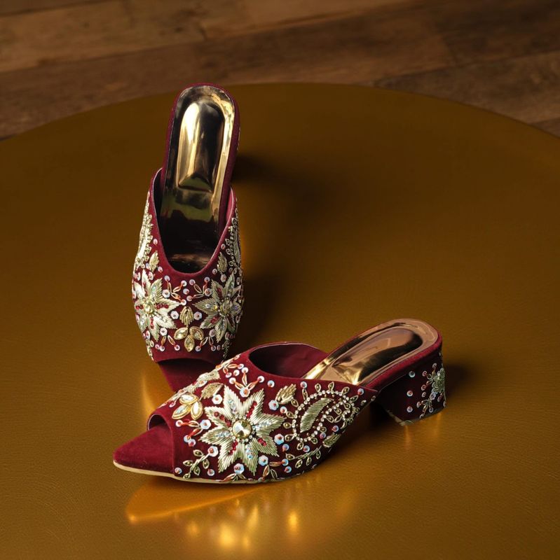 Maroon Velvet Indian Style Embroidered Fancy Heels Size - 37