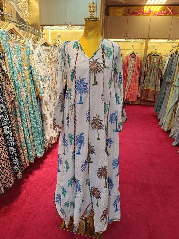 XS/S Meher White Printed Cotton Dress 54" Long Jalabiya