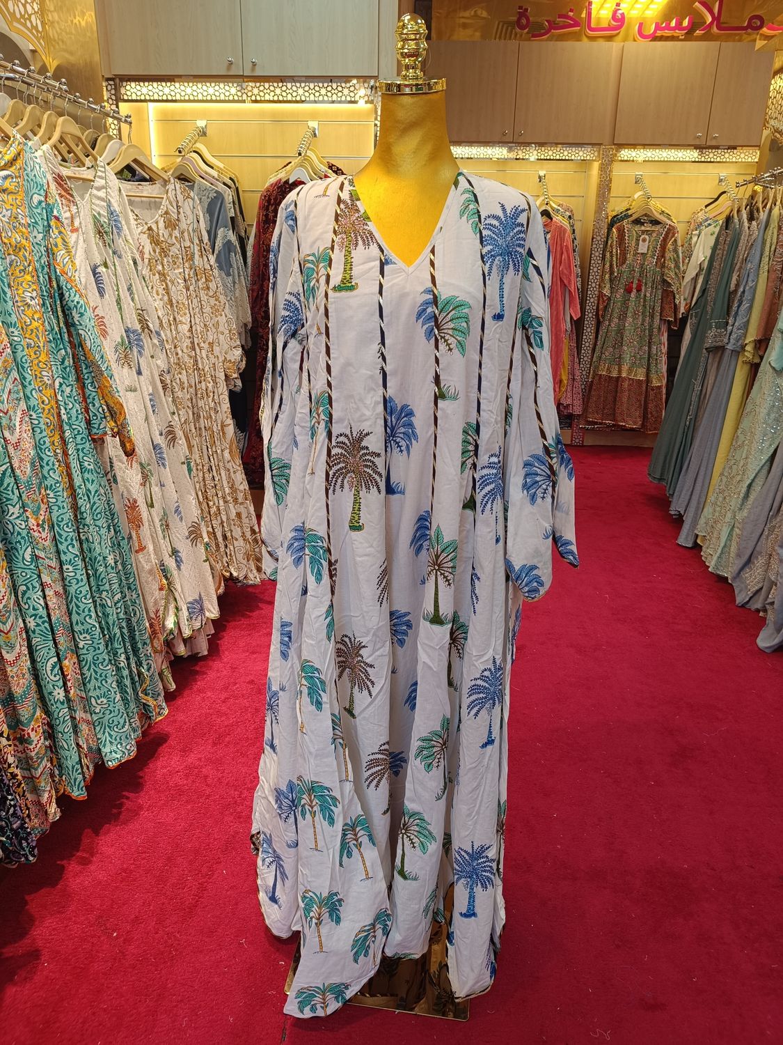 S/M Meher White Printed Cotton Dress 56" Long Jalabiya