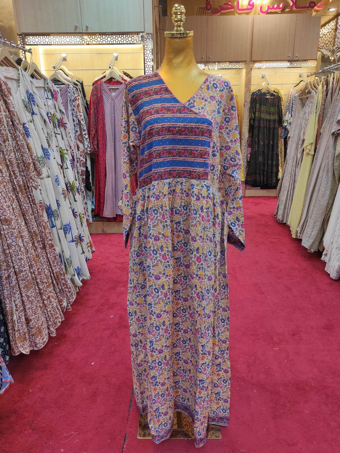 S/XS Daisy Printed Cotton Crystal Dress 57" Long Jalabiya