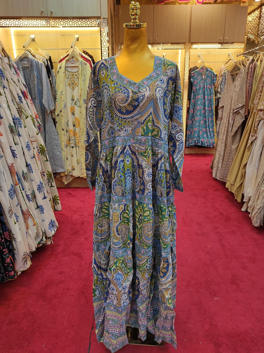 L/XL Huda Printed Cotton Crystal Dress 57" Long Jalabiya