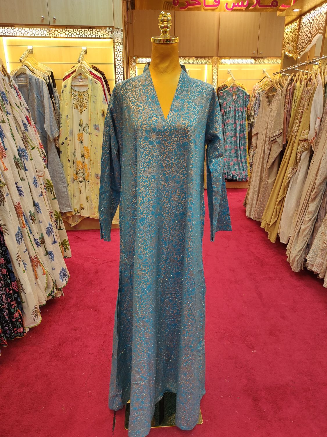 S/M Teena Crystal Printed Cotton Dress 57" Long Jalabiya