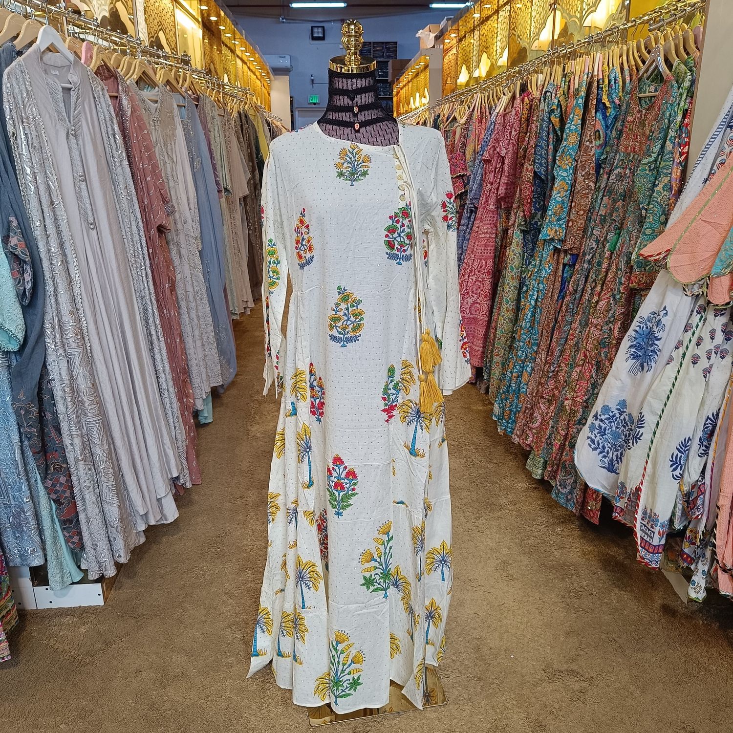 S/M Cindrella crystal yellow and printed Cotton Dress 57" Long Jalabiya