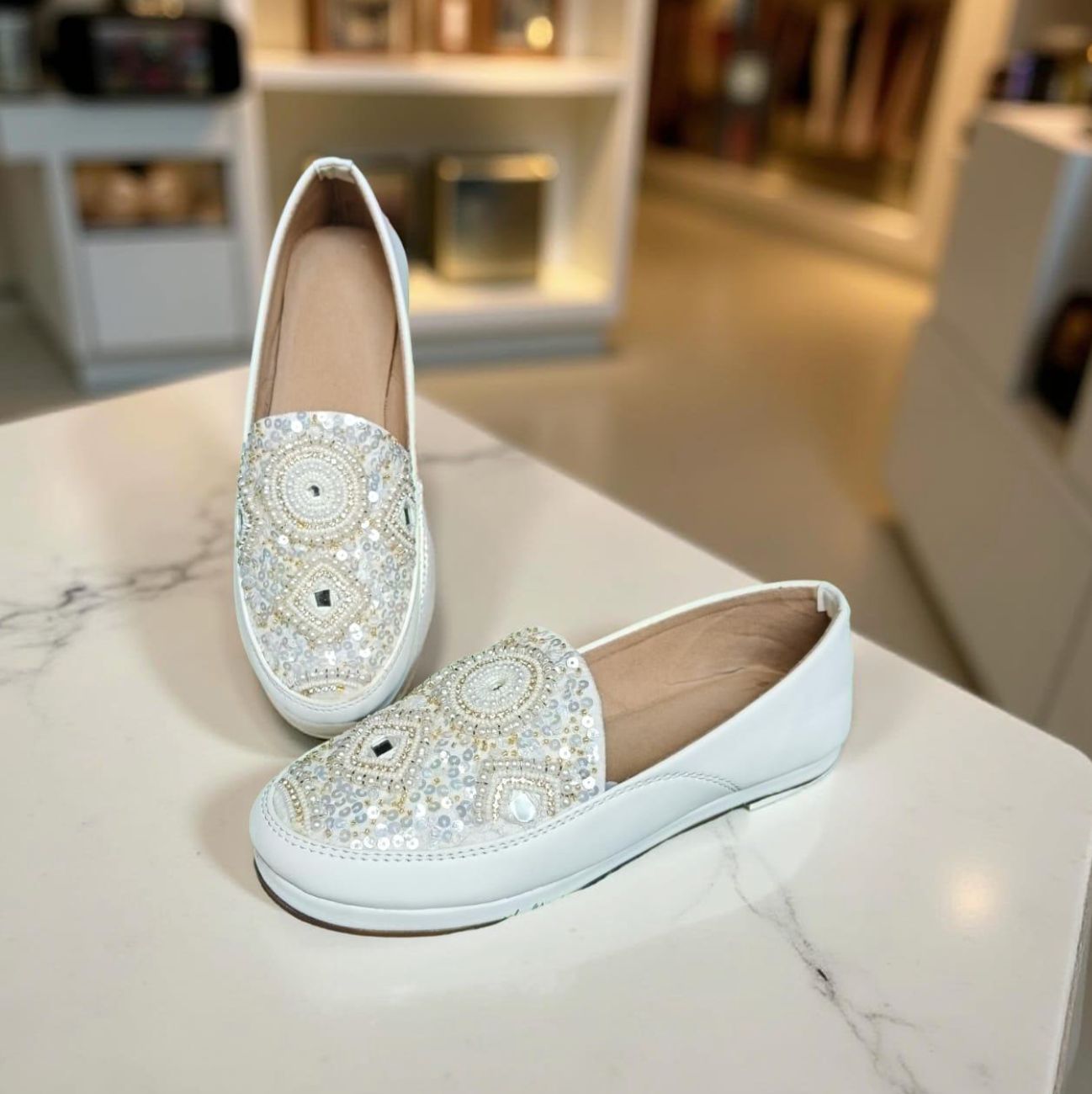 White Handcrafted Indian Style Casual Loafers Size - 36