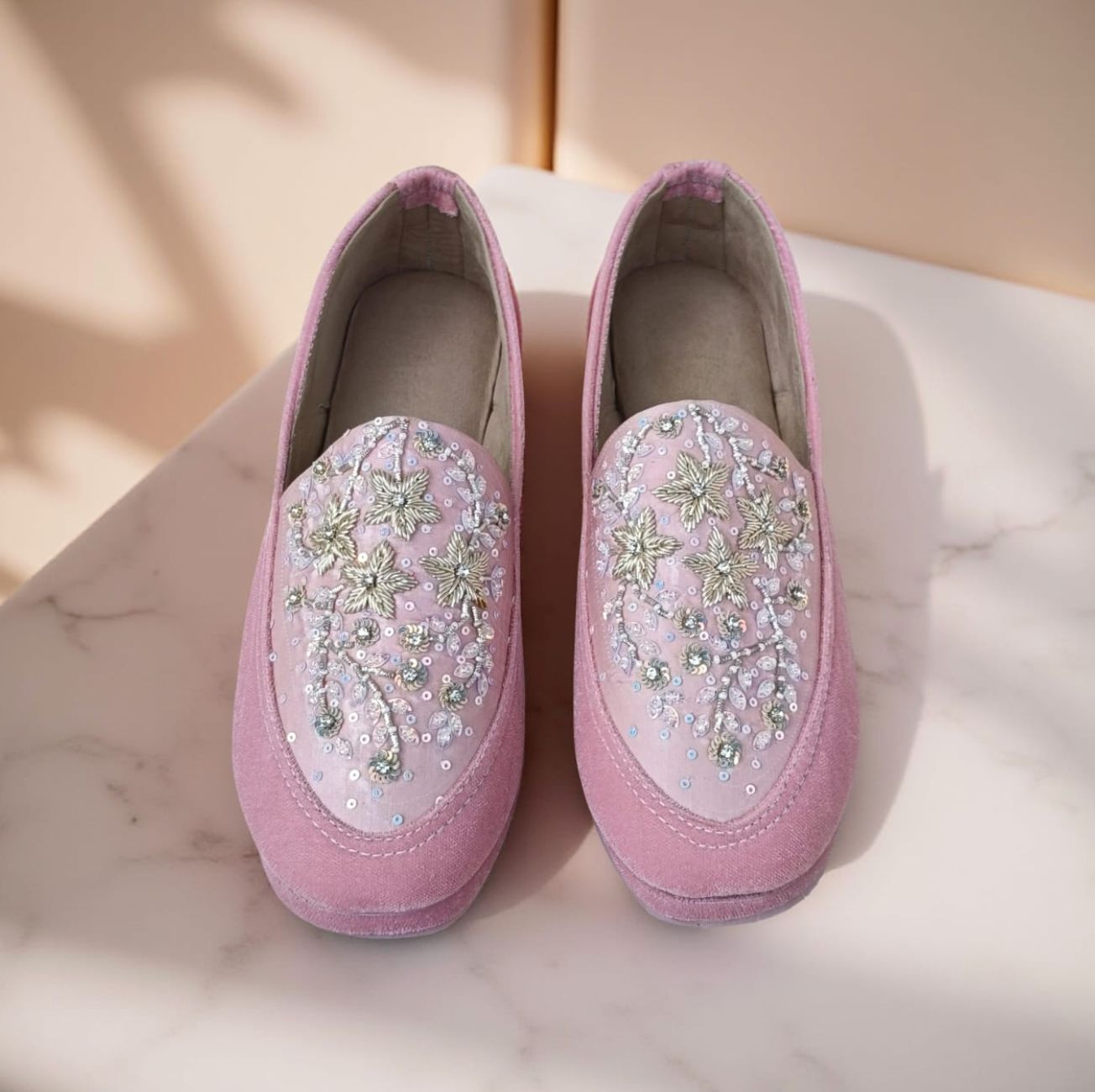Pink Velvet Indian Style Embroidered Loafers