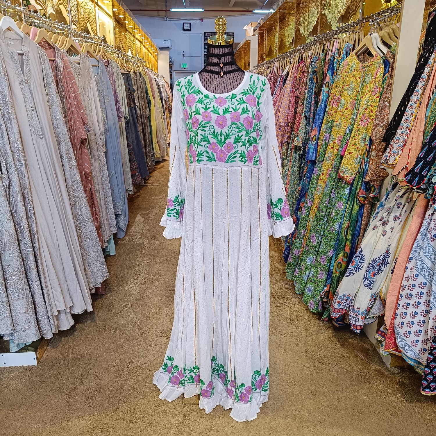 S/M Yaqu Crystal Embroidery White Cotton Dress 57" Long Jalabiya