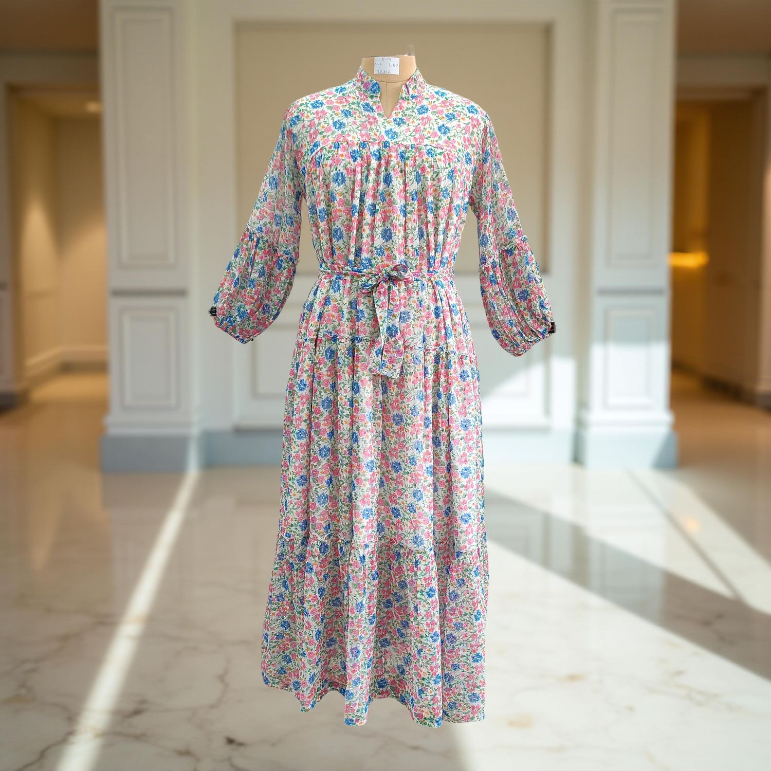 S/M Ziya Silk Crystal Printed Cotton Dress 57" Long Jalabiya