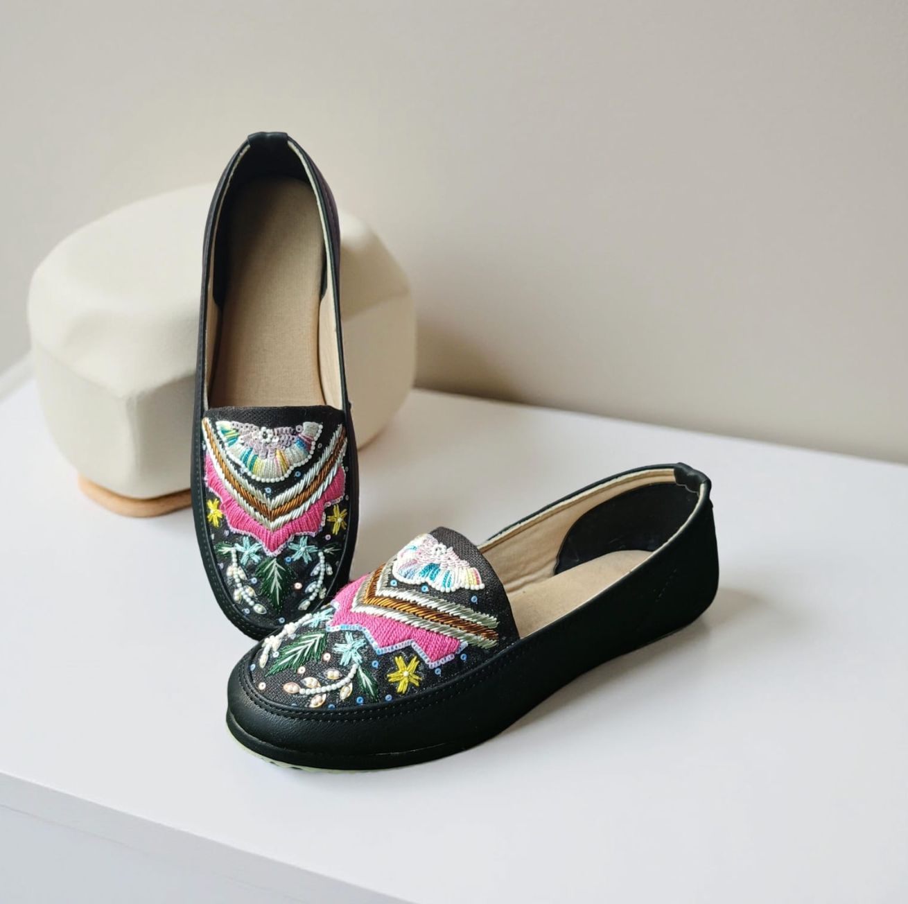 Black– Handcrafted Indian Style Embroidered Loafers Size - 37