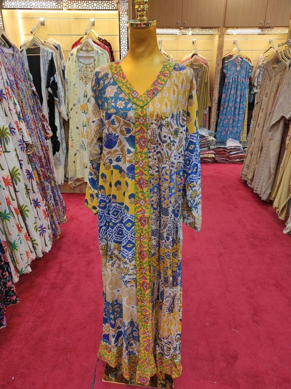L/XL Zeina Multi Printed Cotton Dress 57" Long Jalabiya