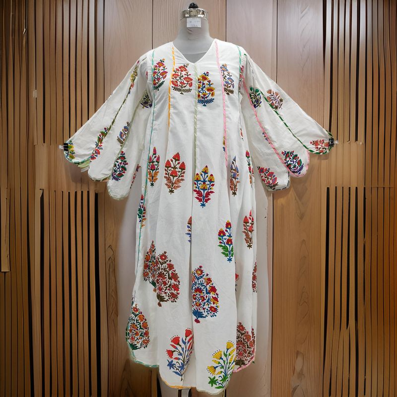 XS/S Meher White Printed Cotton Dress 54" Long Jalabiya