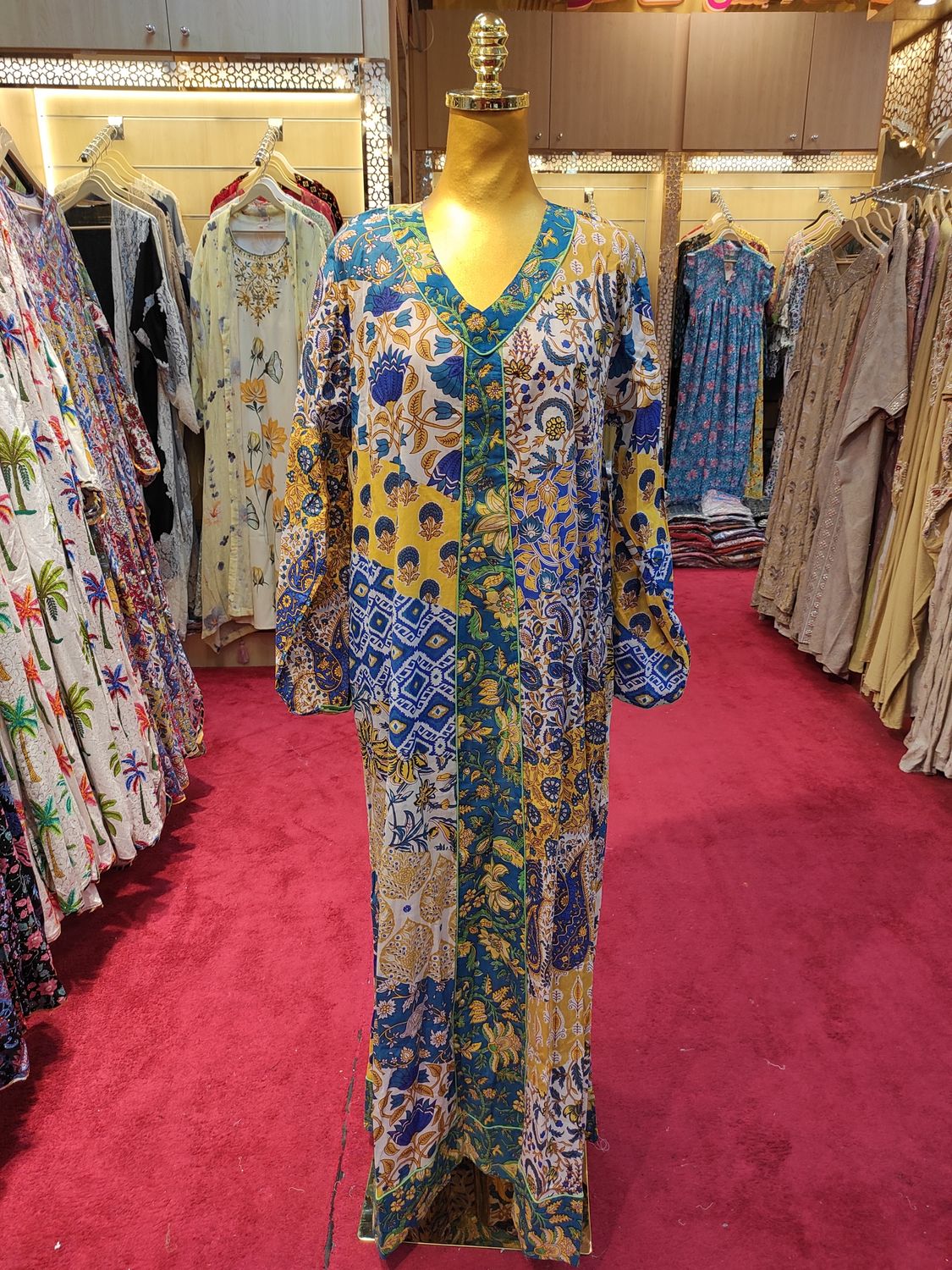 L/XL Zeina Multi Printed Cotton Dress 57" Long Jalabiya