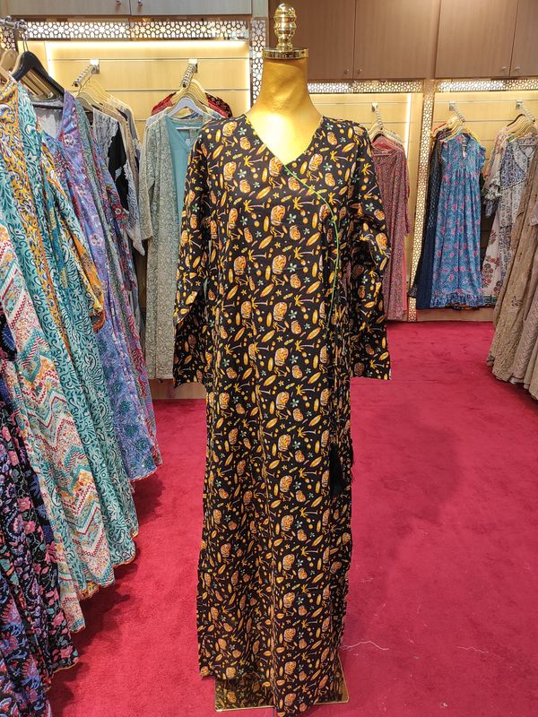 L/XL Qifa Printed Cotton Dress 57" Long Jalabiyas