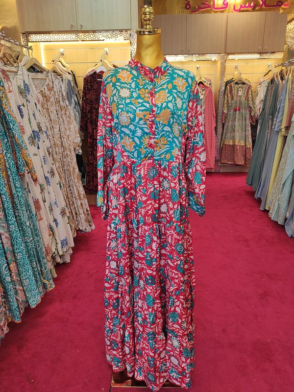 S/M Safia Silk Printed Dress 57" Long Jalabiya