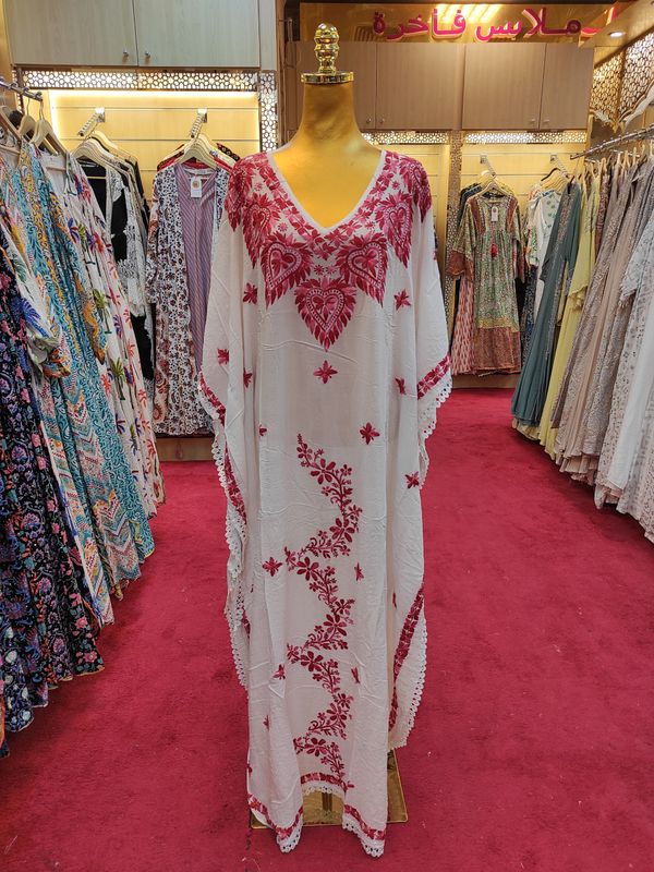Free Size Farasha Embroidery Kaftan Cotton Dress 57" Long