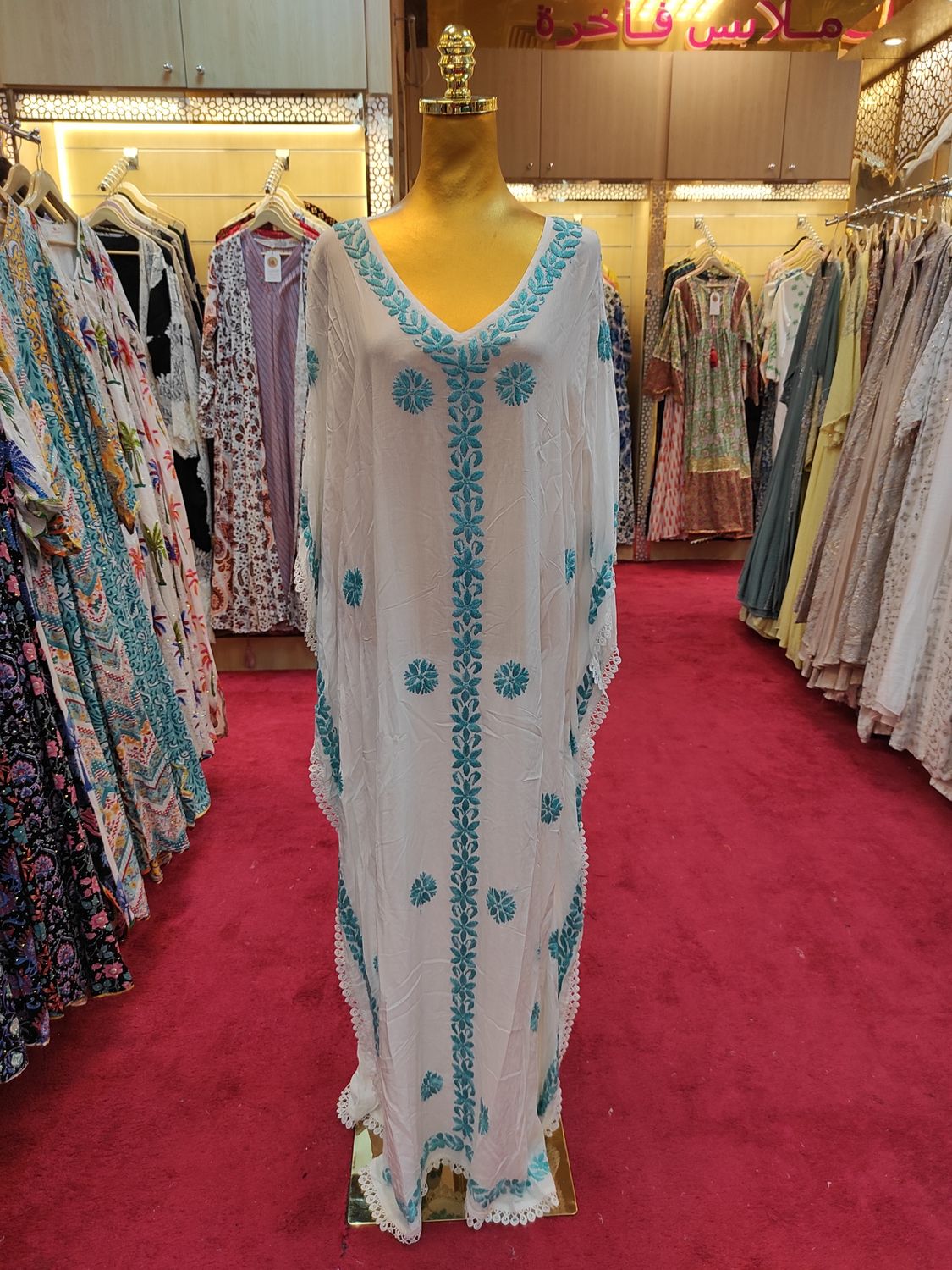Free Size Farasha Embroidery Kaftan Cotton Dress 57" Long