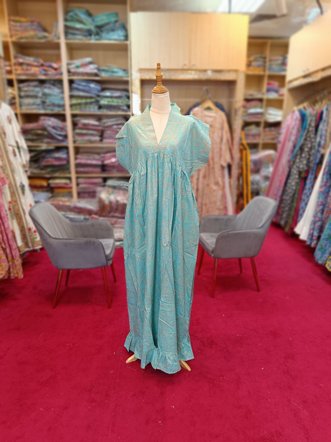 L-XL Amani light Green and Gold Cotton Dress 57" Short Sleeves Jalabiya