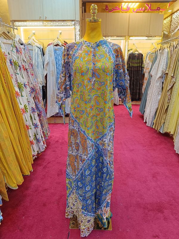 S/M Takisha Multi Printed Cotton Dress 56" Long Jalabiya