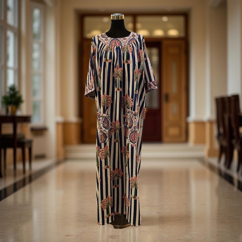 L/XL Nawaar Printed Cotton Dress 57" Short Sleeves Jalabiya