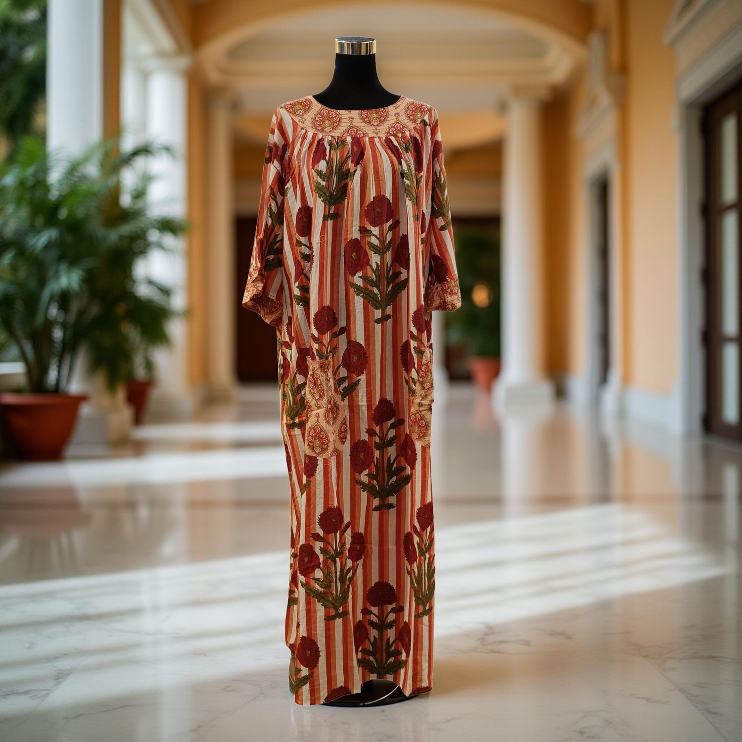 L/XL Nawaar Printed Cotton Dress 57" Short Sleeves Jalabiya