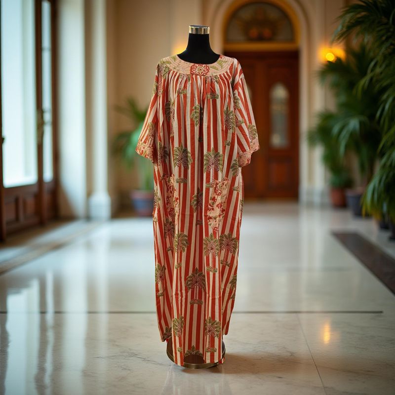 L/XL Nawaar Printed Cotton Dress 57" Short Sleeves Jalabiya