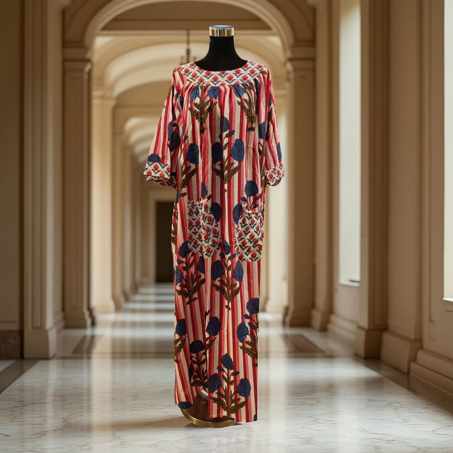 S/M Nawaar Printed Cotton Dress 57" Short Sleeves Jalabiya