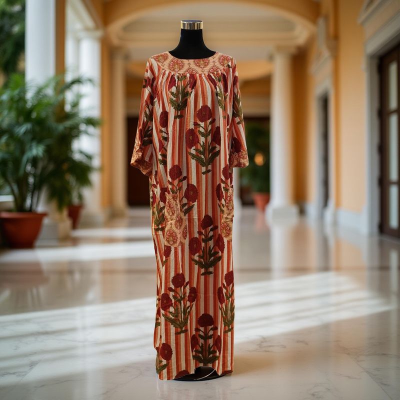 S/M Nawaar Printed Cotton Dress 57" Short Sleeves Jalabiya