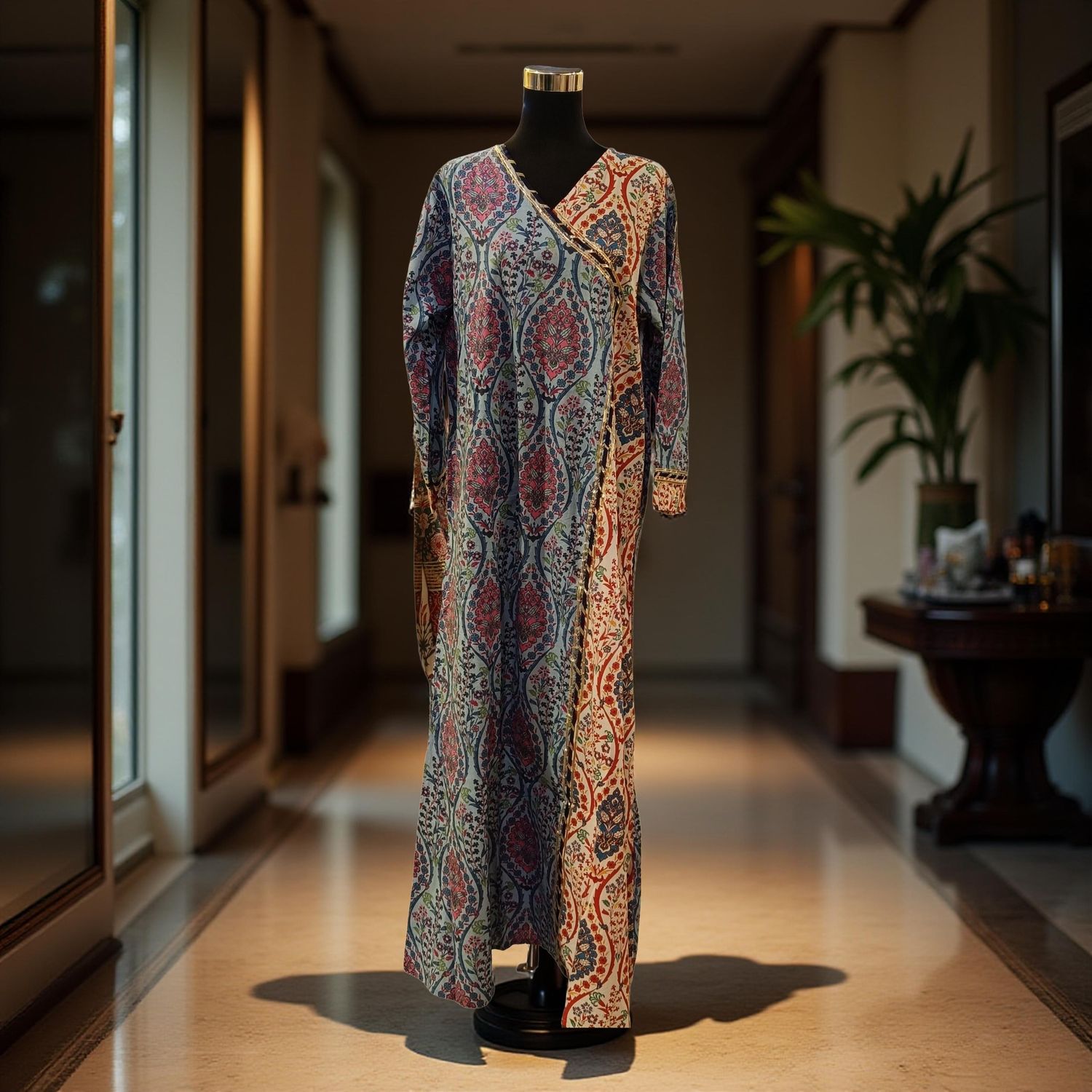 L/XL Lupines Printed Cotton Dress 57" Long Jalabiya