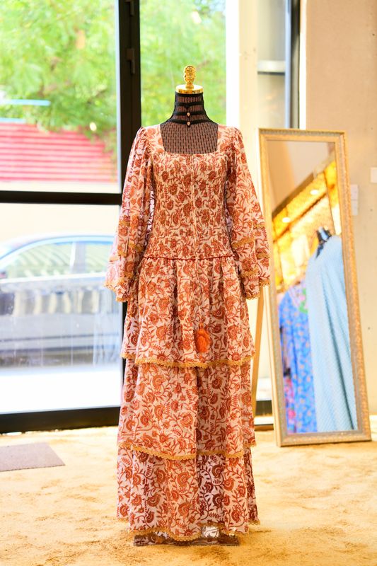 S/M Rahima Gold Printed Cotton Dress 57" Long Jalabiya