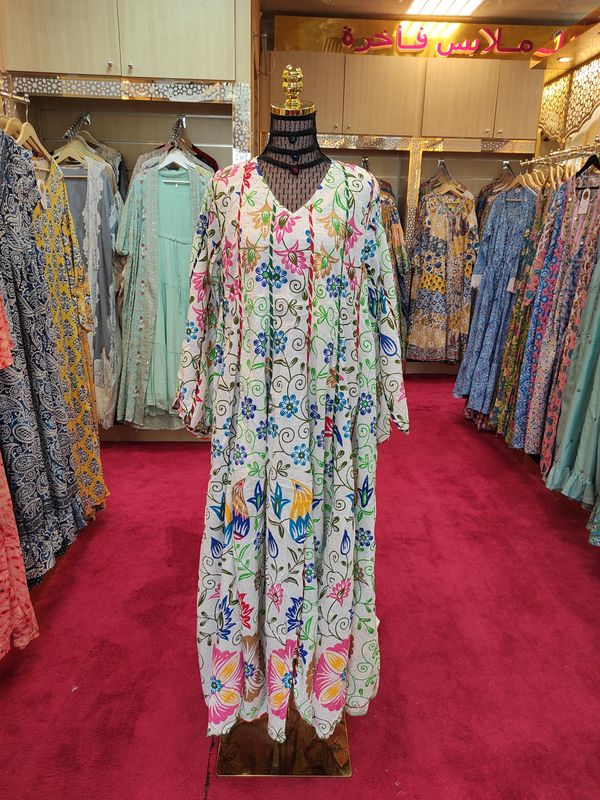 S/M  Meher  White Crystal  printed Cotton  Dress 57" Long Jalabiya