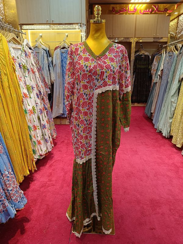 L/XL Yuna Printed Cotton Dress 57" Long Jalabiya