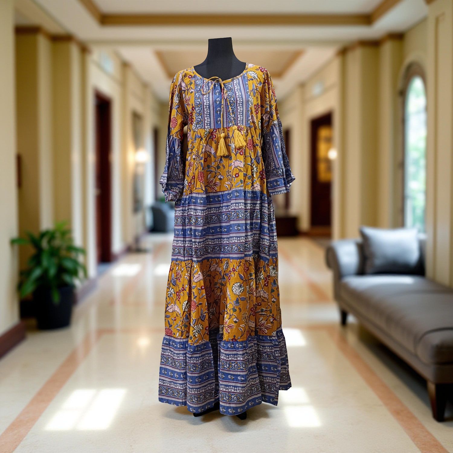 XS/S Gaby Blue Printed Cotton Dress 54" Long Jalabiya