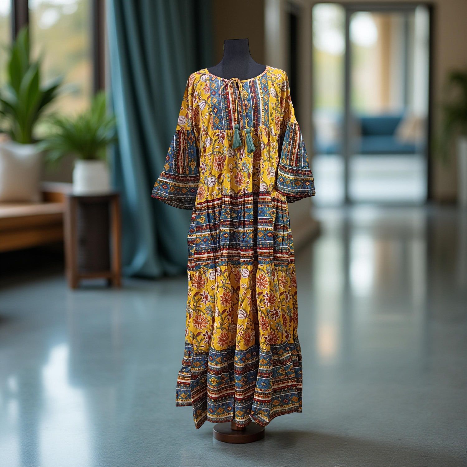 XS/S Gaby Blue Printed Cotton Dress 54" Long Jalabiya