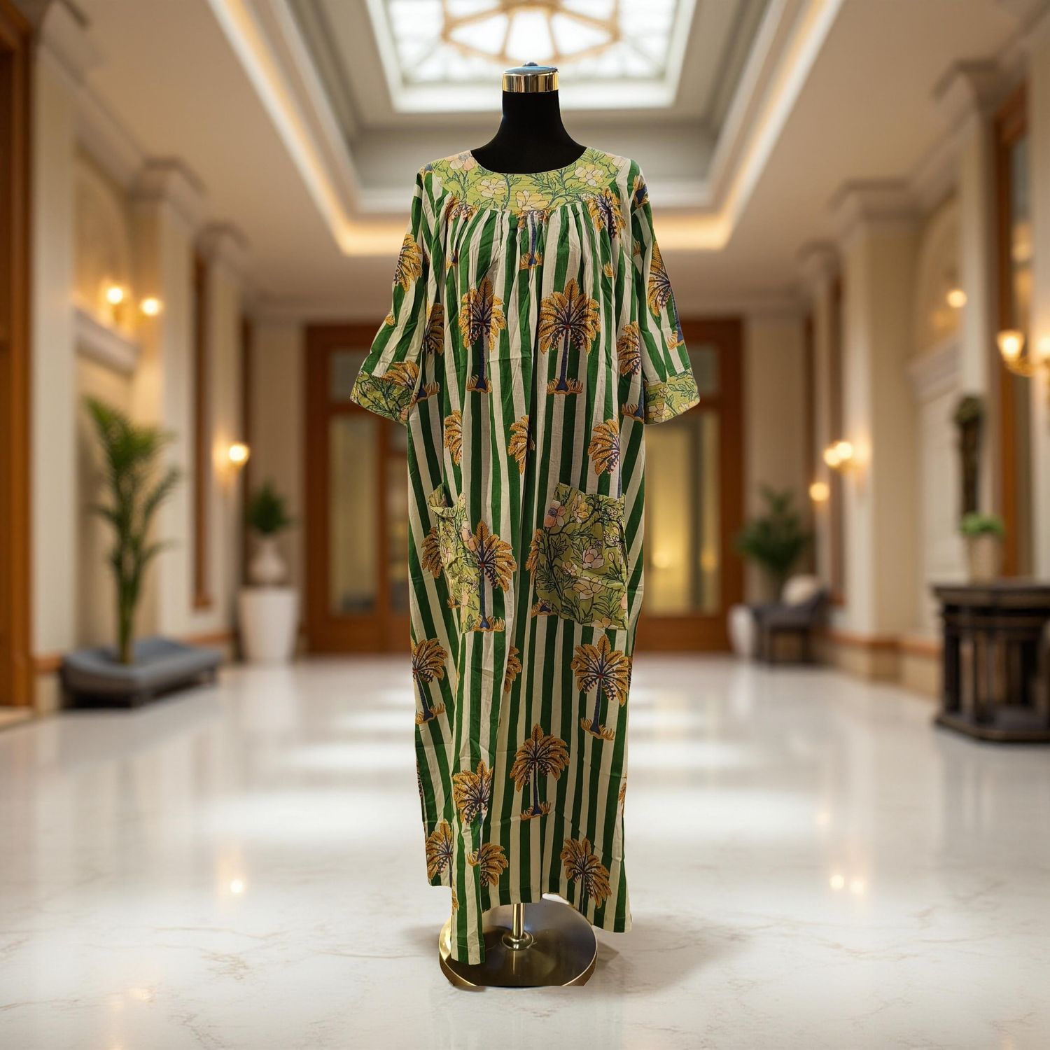 XS/S Nawaar Printed Cotton Dress 54" Short Sleeves Jalabiya