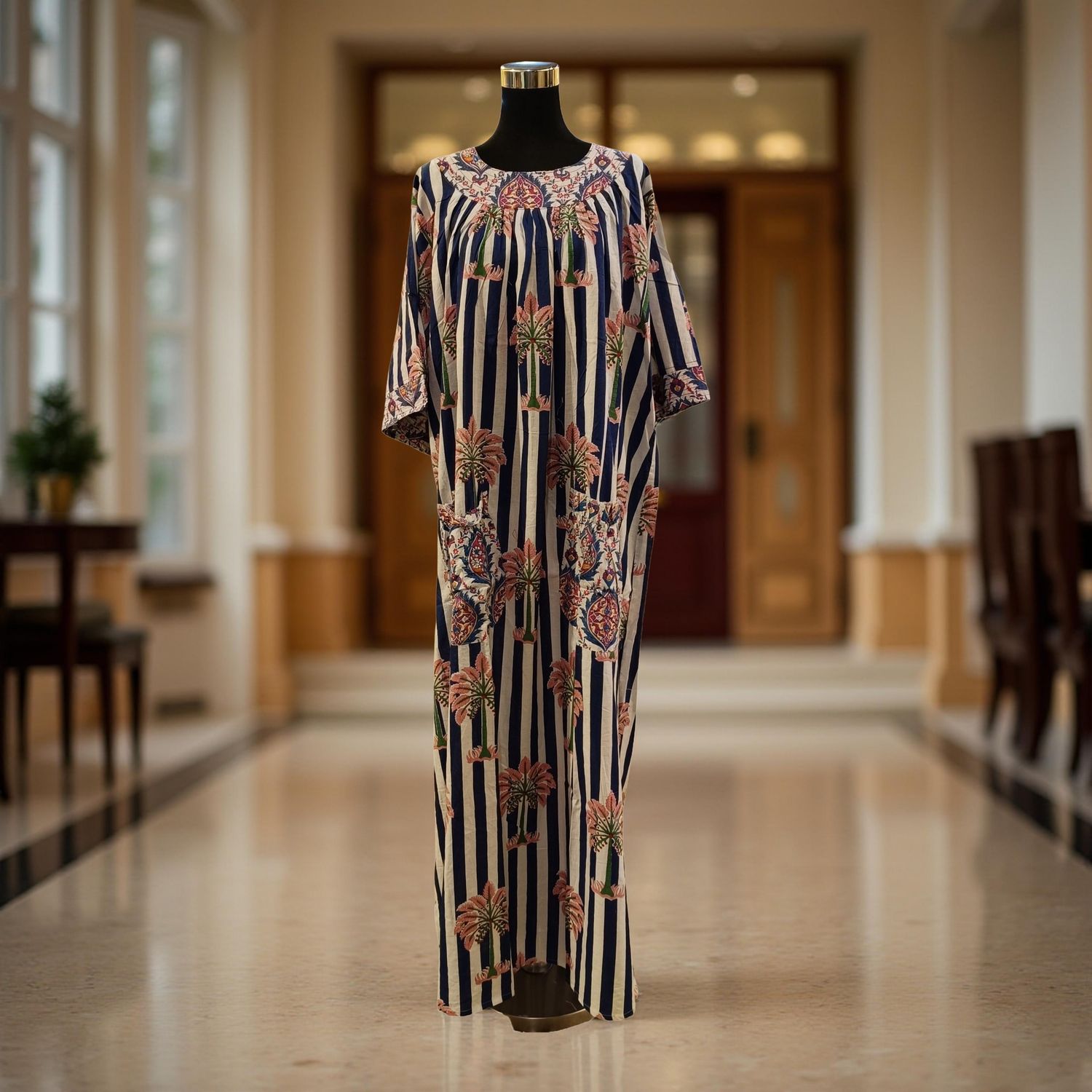 XS/S Nawaar Printed Cotton Dress 54" Short Sleeves Jalabiya