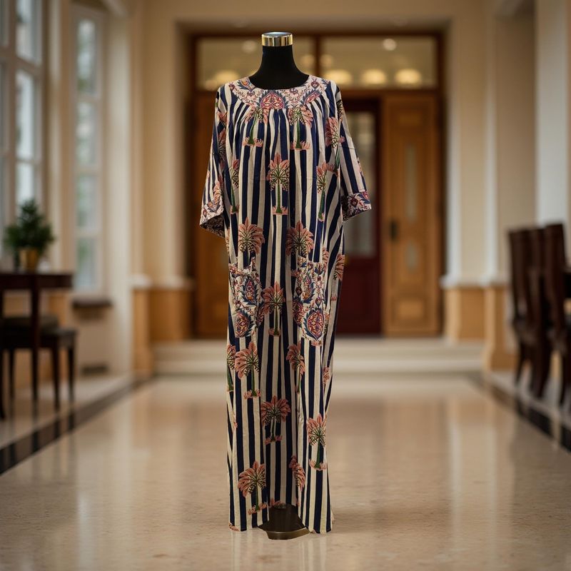 XS/S Nawaar Printed Cotton Dress 54" Short Sleeves Jalabiya