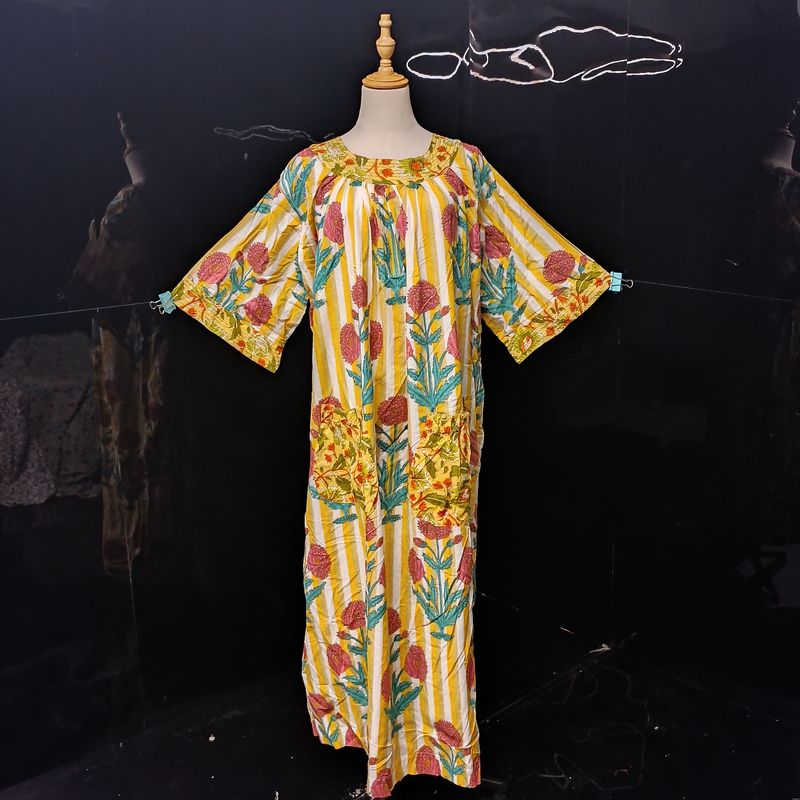 XS/S Nawaar Printed Cotton Dress 54" Short Sleeves Jalabiya