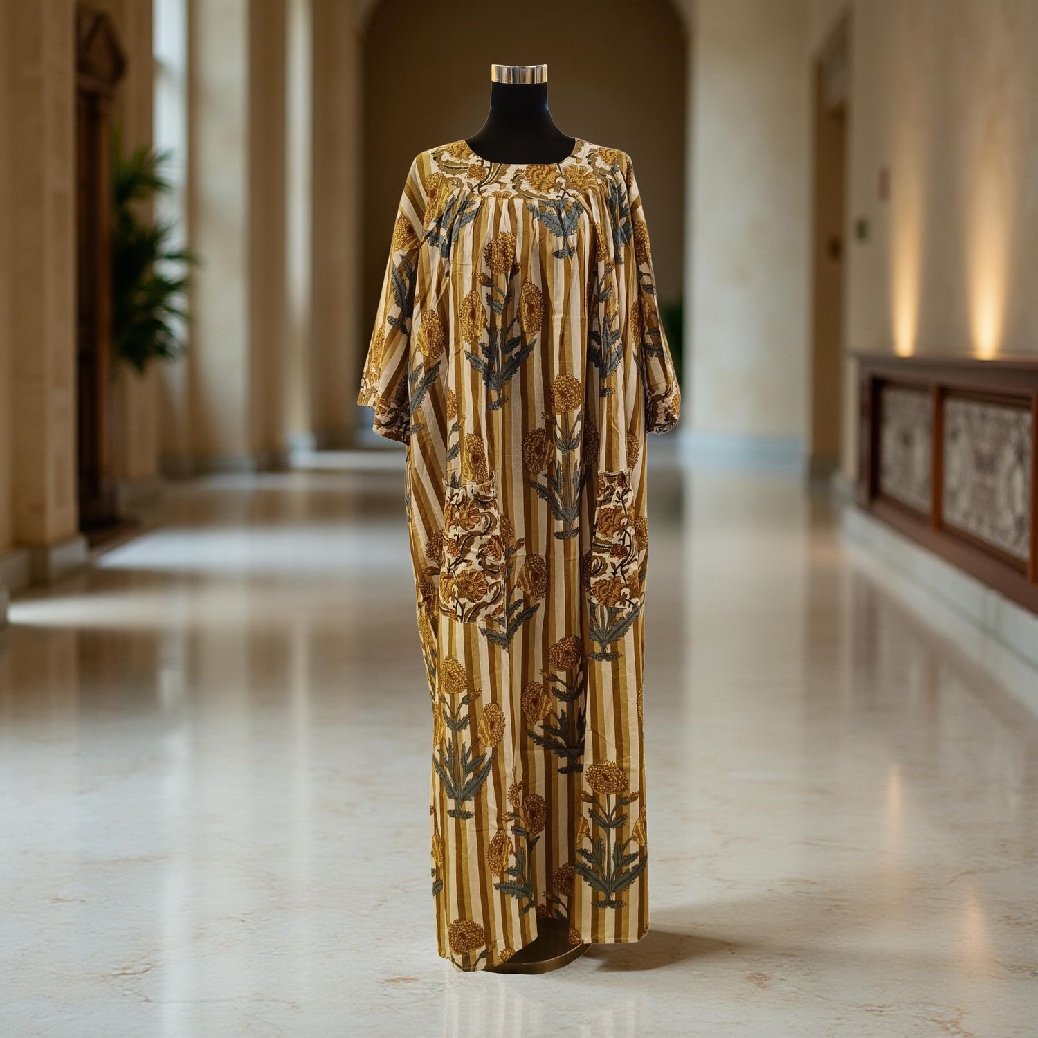 2XL/3XL Nawaar Printed Cotton Dress 57" Short Sleeves Jalabiya