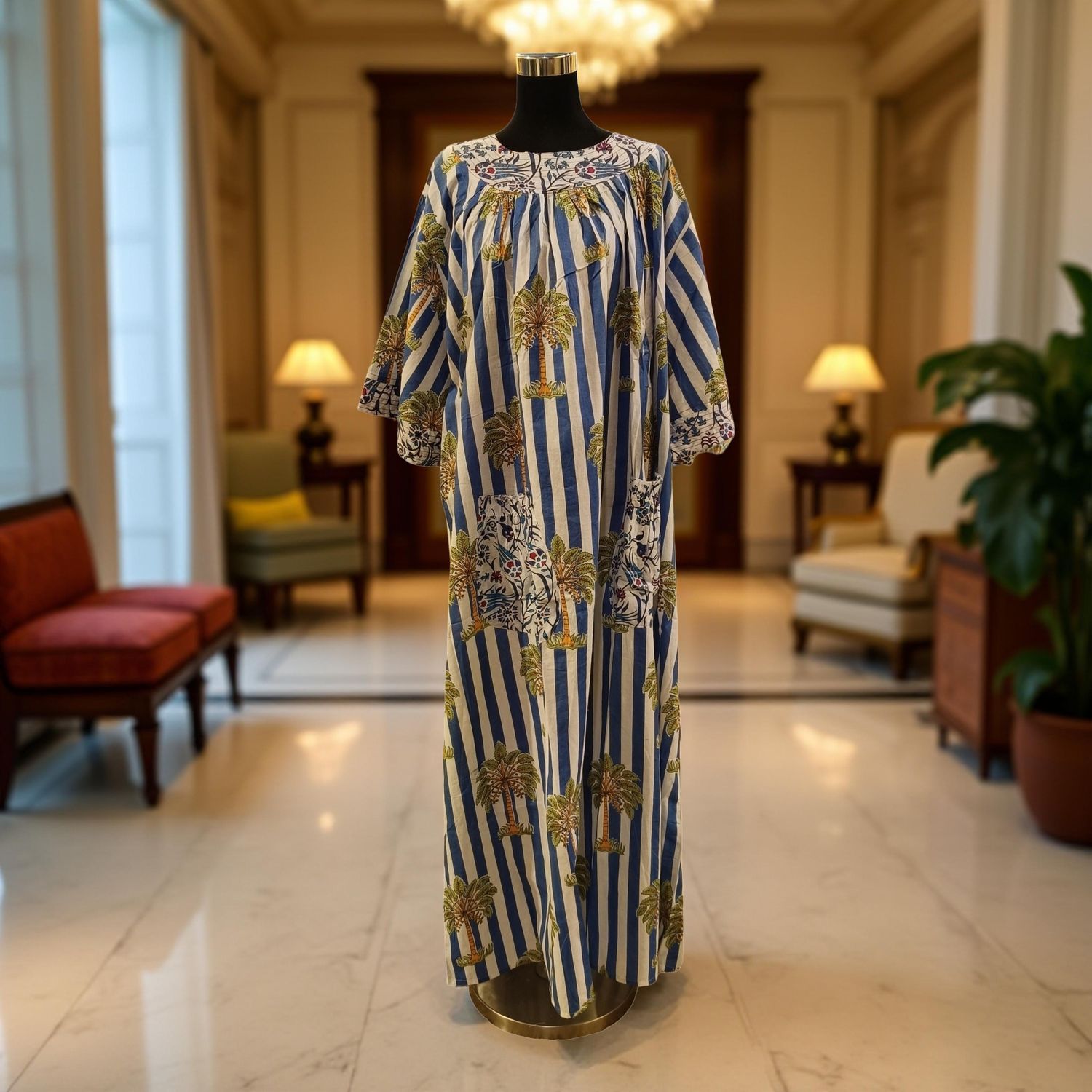 2XL/3XL Nawaar Printed Cotton Dress 57" Short Sleeves Jalabiya