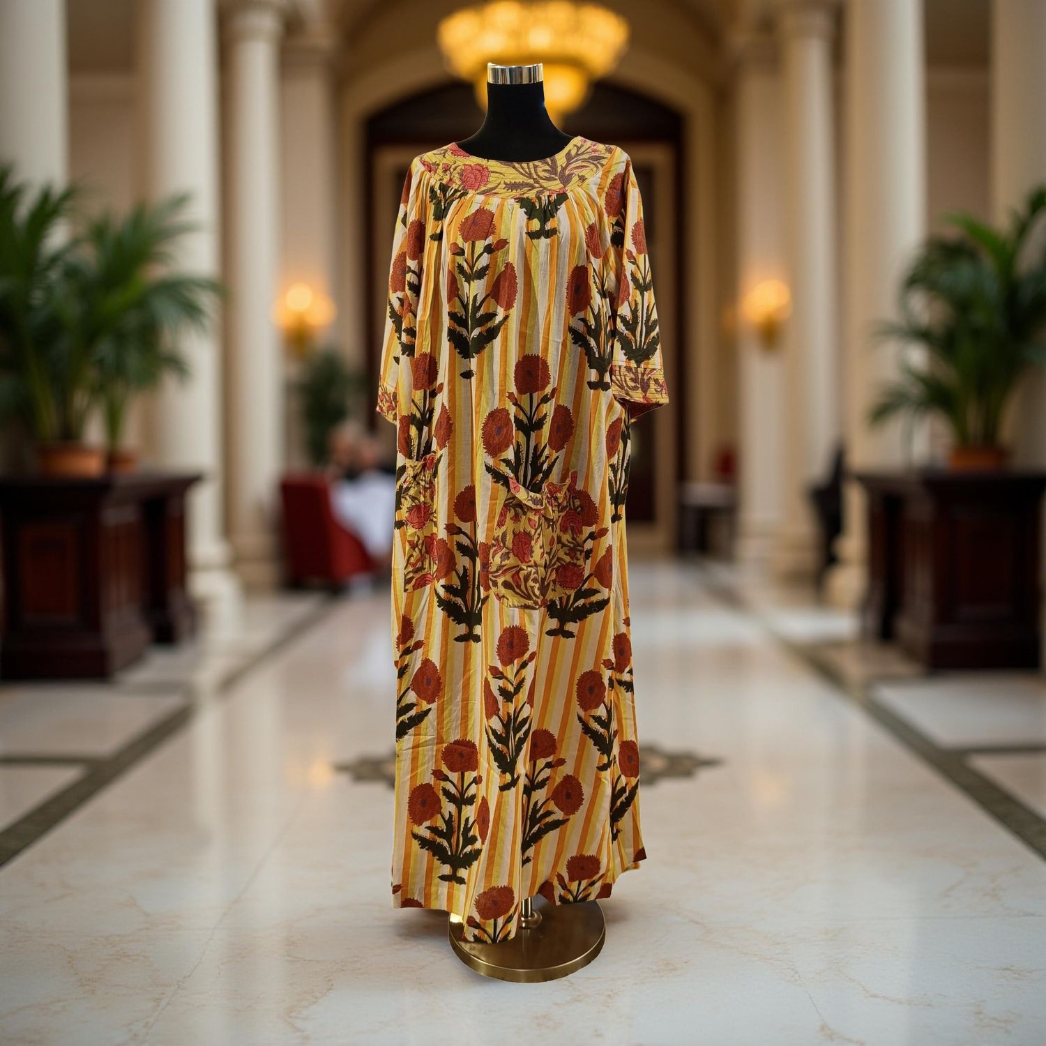 L/XL Nawaar Printed Cotton Dress 57" Short Sleeves Jalabiya