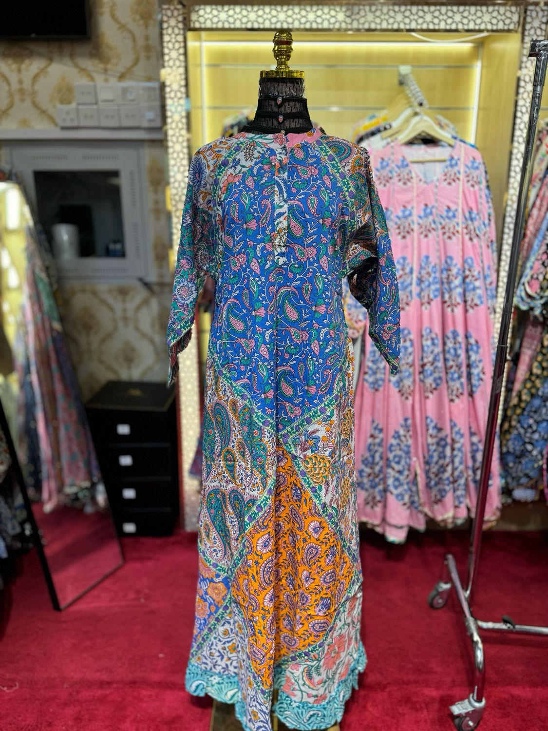 S/M Takisha Multi Printed Cotton Dress 56" Long Jalabiya