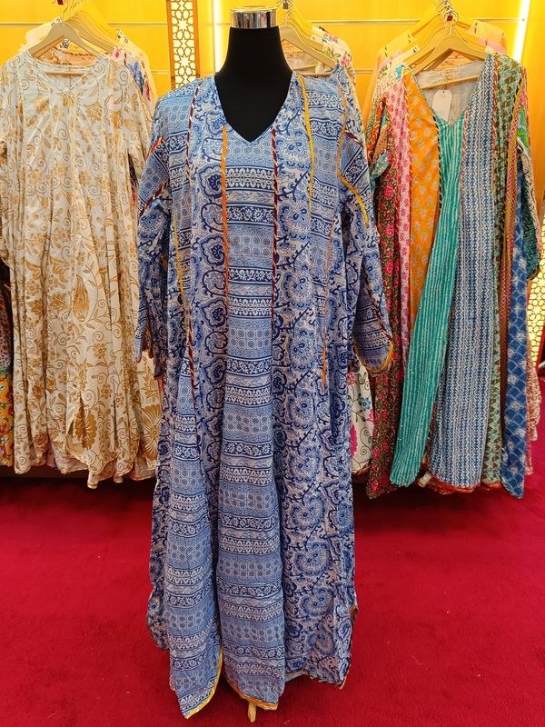L/XL Meher Blue  Printed Cotton Dress 57" Long Jalabiya