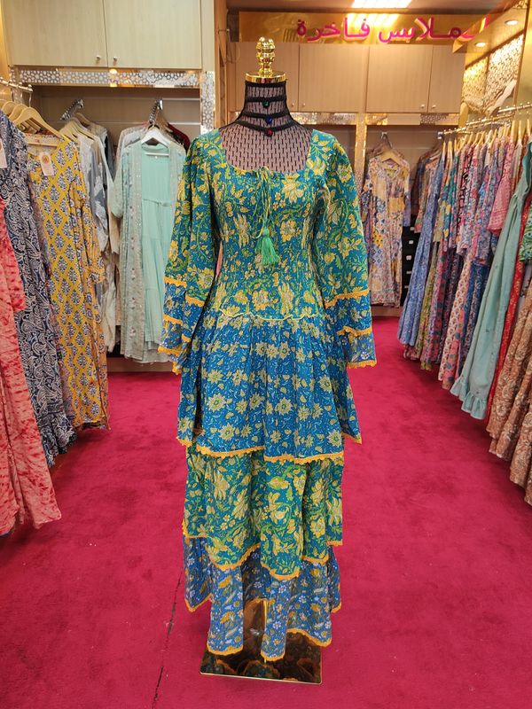 S/M   Crystal Rahima Multi Printed Cotton  Dress 57" Long Jalabiya