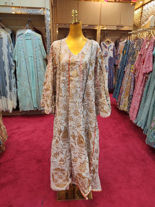 L/XL Meher Crystal White Gold Cotton Dress 56" Long Jalabiya