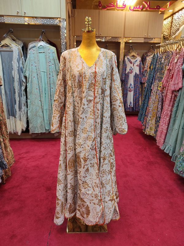 L/XL Meher Crystal White Gold Cotton Dress 56" Long Jalabiya